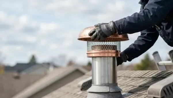 Copper chimney cap with mesh guard being fitted on a flue