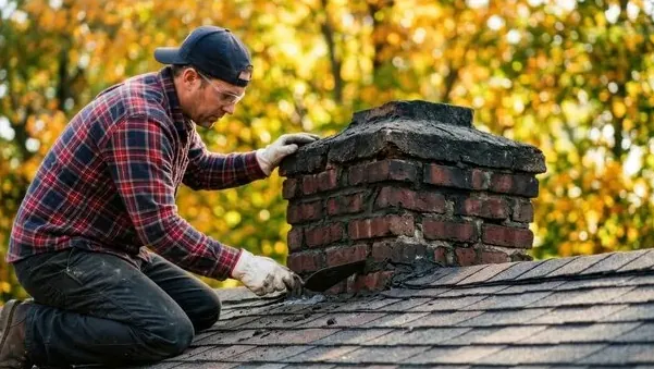 Mason on a roof taking down the upper courses of a brick chimney