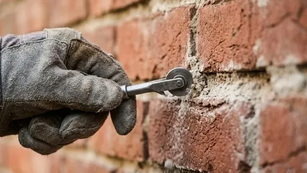 Mason tooling a fresh mortar joint on older red brick in Palo Alto