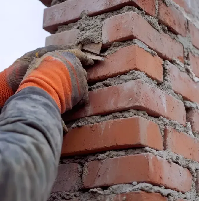 Mason in work gloves packing fresh mortar into the joints of an older brick chimney on the Peninsula