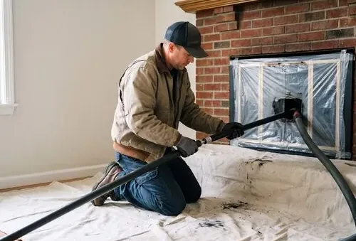 Living room protected with plastic and drop cloths during chimney work