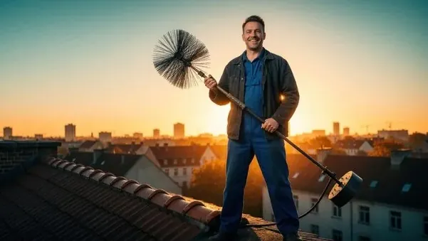Chimney mason on a rooftop at golden hour